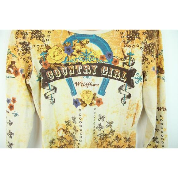 Vintage M Top Y2K 90s Western Cowgirl Allover Print Rodeo Boho Floral Sequins - Picture 4 of 9
